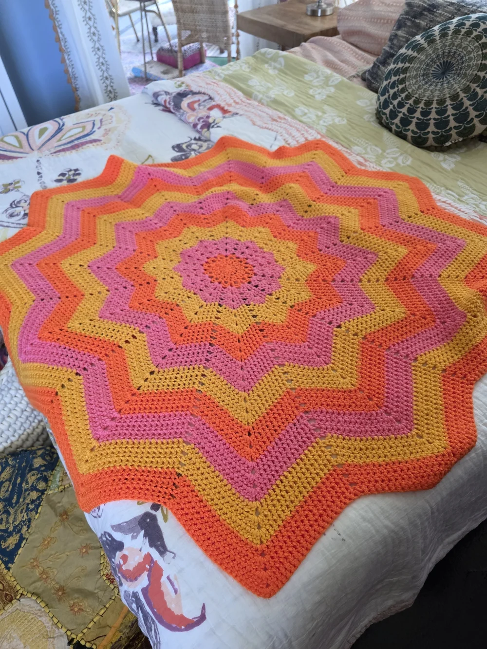 Handmade Starburst Crochet Throw Blanket - Pink & Orange